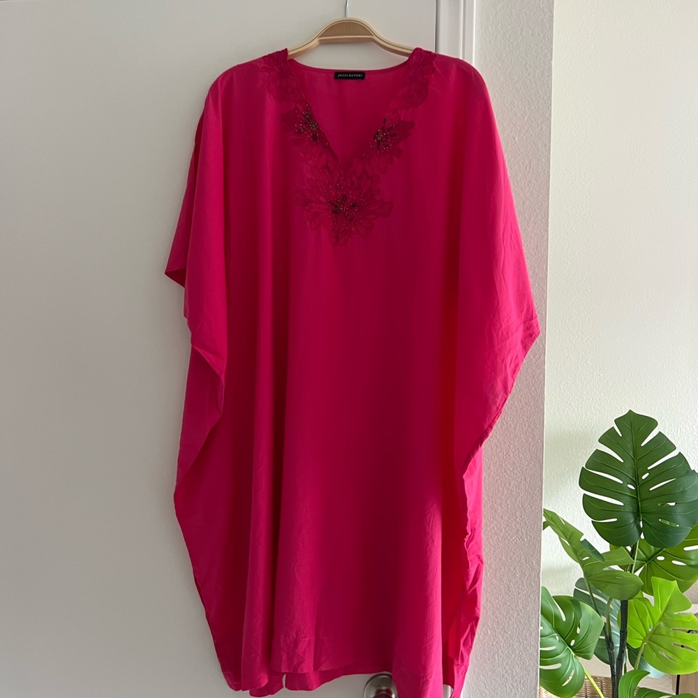 Josie Natori Swim Coverup Vibrant Beaded Hot Pink One Size Vacation Beach Pool